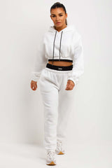 womens white crop hoodie and joggers tracksuit co ord