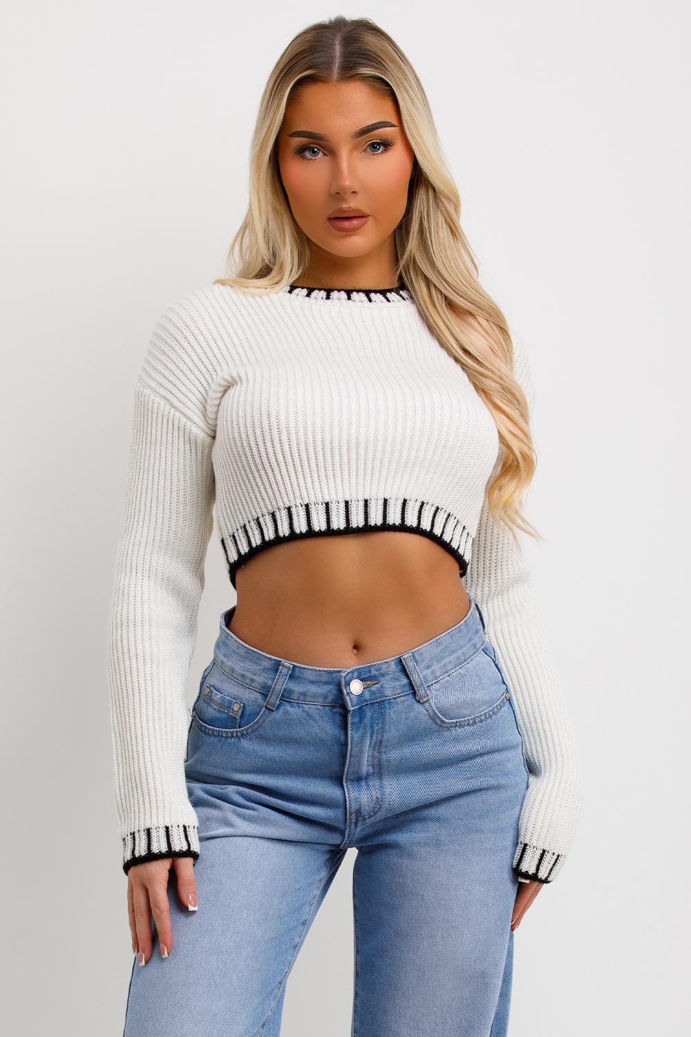 white crop knitted jumper with  blanket stitches detail