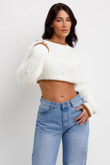 knitted cropped long sleeve jumper with contrast edges