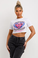white crop t shirt with never regret slogan and lips graphics