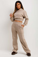 womens beige crop hoodie and joggers co ord set tracksuit