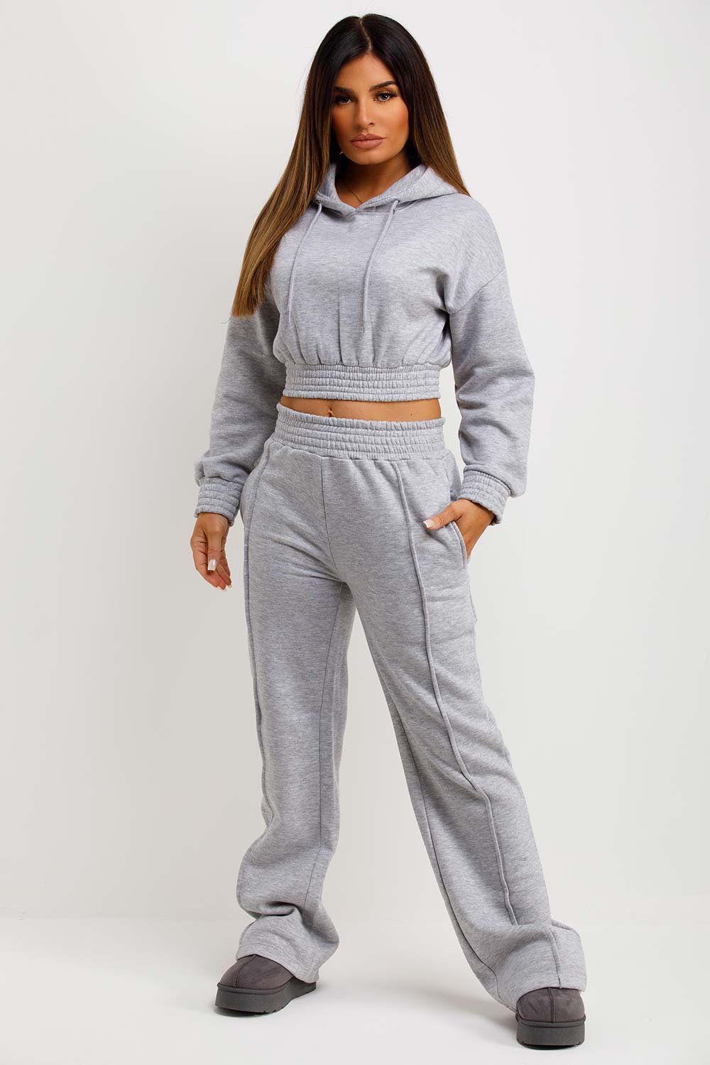 womens tracksuit straight leg trousers and crop hoodie co ord