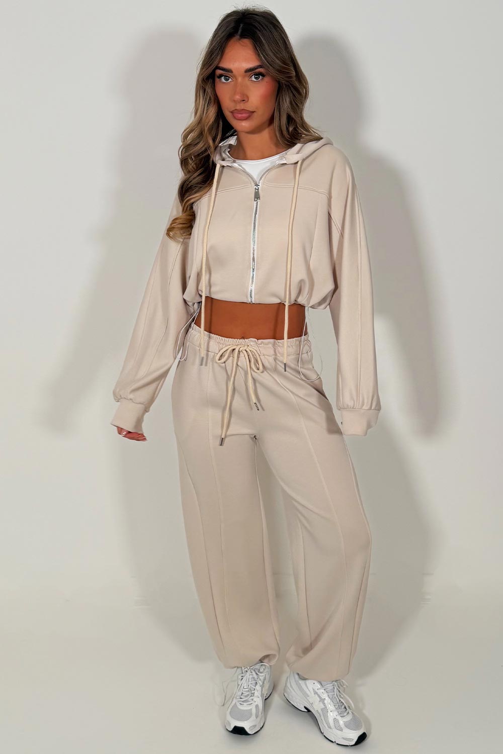 womens oatmeal oversized joggers and crop zip up hoodie tracksuit co ord set styledup 