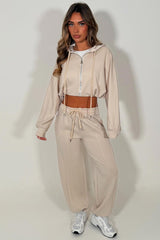 womens oatmeal oversized joggers and crop zip up hoodie tracksuit co ord set styledup 