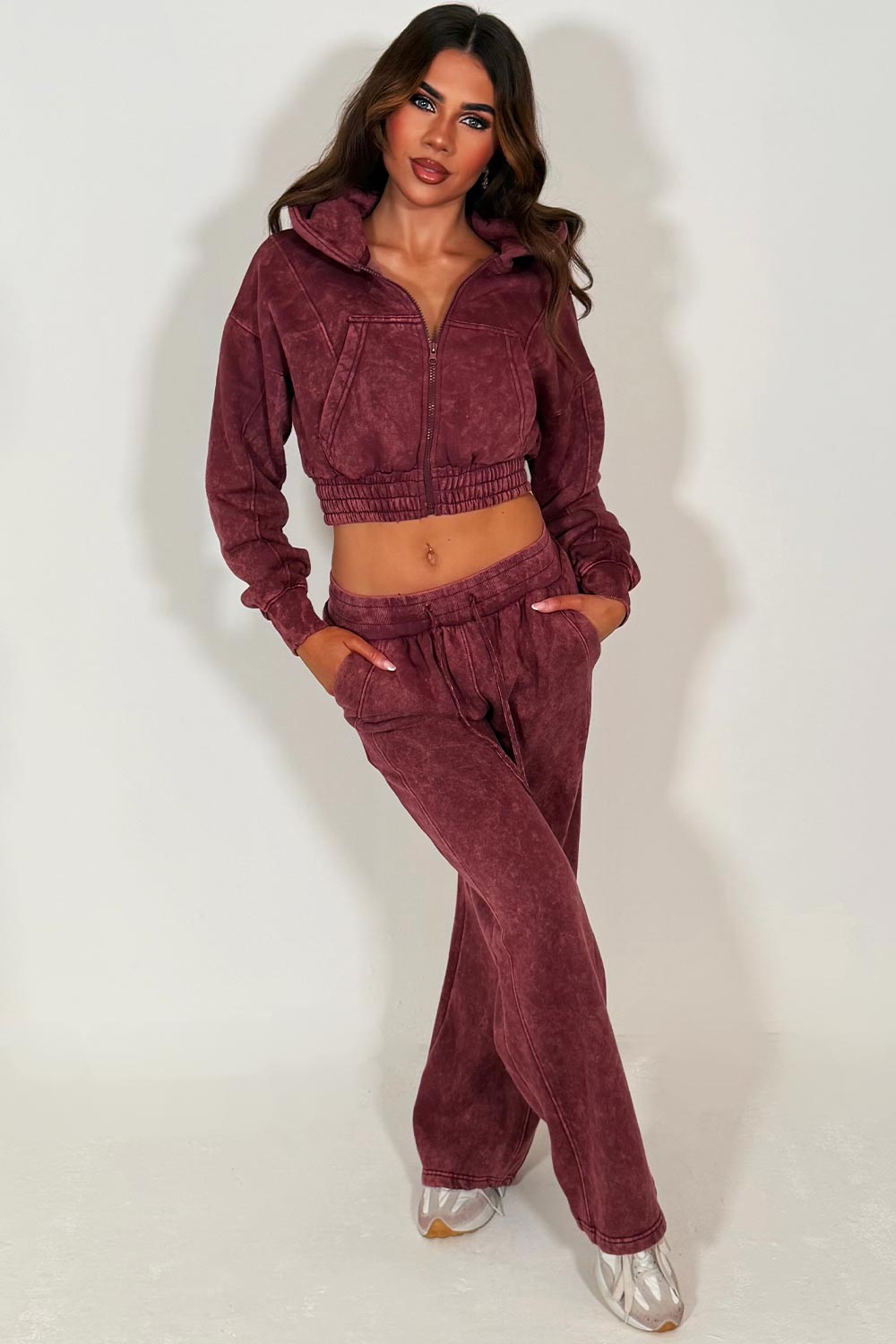 womens crop zip up hoodie and wide leg joggers tracksuit set burgundy styledup