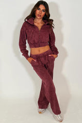 womens crop zip up hoodie and wide leg joggers tracksuit set burgundy styledup