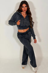 womens crop zip up hoodie and wide leg joggers tracksuit set grey styledup
