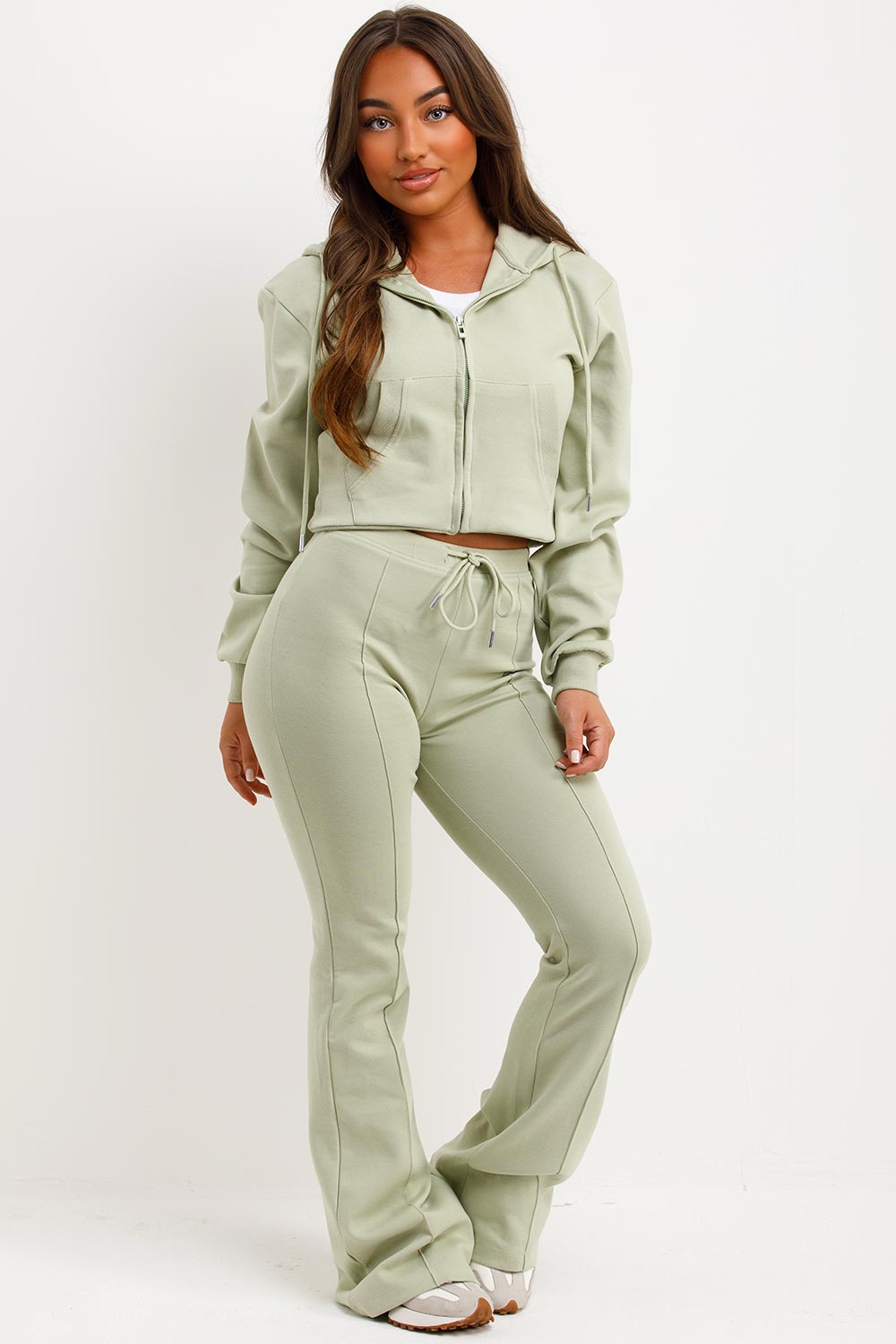 crop hooded sweatshirt and flare trousers two piece loungewear set zara womens