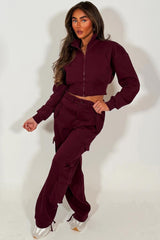 womens cargo joggers and crop zip up sweatshirt loungewear burgundy set styledup