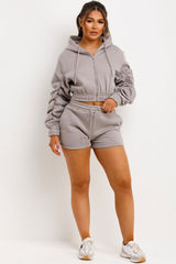 womens crop zip up hoodie with ruched sleeves and shorts tracksuit set