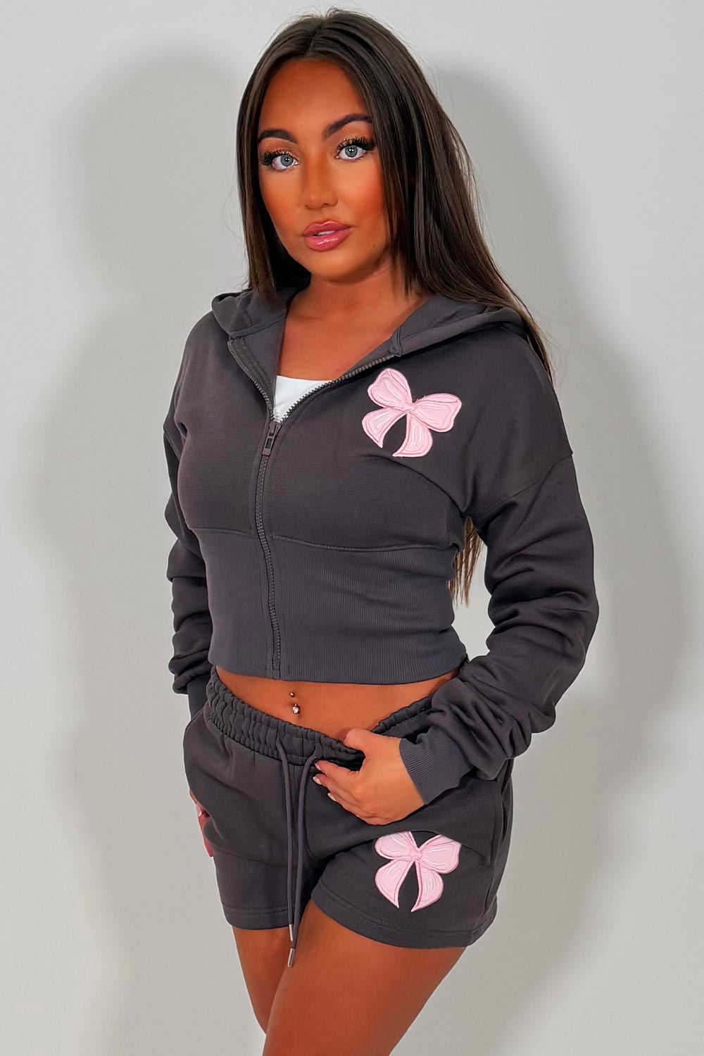 womens bow detail crop hoodie and shorts co ord set summer holiday tracksuit sale styledup uk