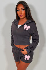womens bow detail crop hoodie and shorts co ord set summer holiday tracksuit sale styledup uk