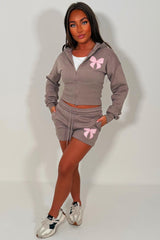 womens bow detail crop corset hoodie and shorts co ord set airport summer holiday outfit set uk