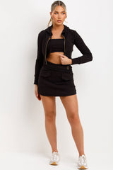 cargo mini skirt bandeau top crop hoodie three piece set summer festival holiday outfit