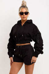 crop zip hoodie with ruched sleeves and shorts tracksuit set