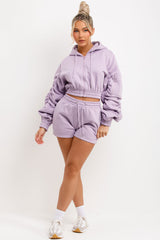 ruched sleeve crop zip hoodie and short tracksuit summer lounge set womens airport outfit