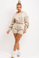 crop zip hoodie and shorts tracksuit set oatmeal