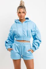 ruched crop zip hoodie and short tracksuit summer lounge set for womens