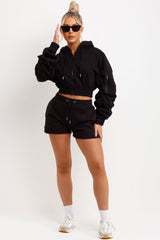short tracksuit womens crop zip hoodie with ruched sleeves and shorts two piece set
