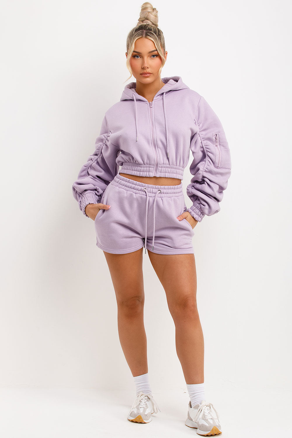 crop zip hoodie and shorts tracksuit set lilac