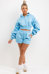 short tracksuit womens crop zip hoodie with ruched sleeves and shorts two piece set