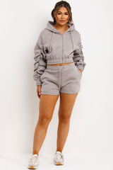 crop zip hoodie with ruched sleeves and shorts tracksuit set