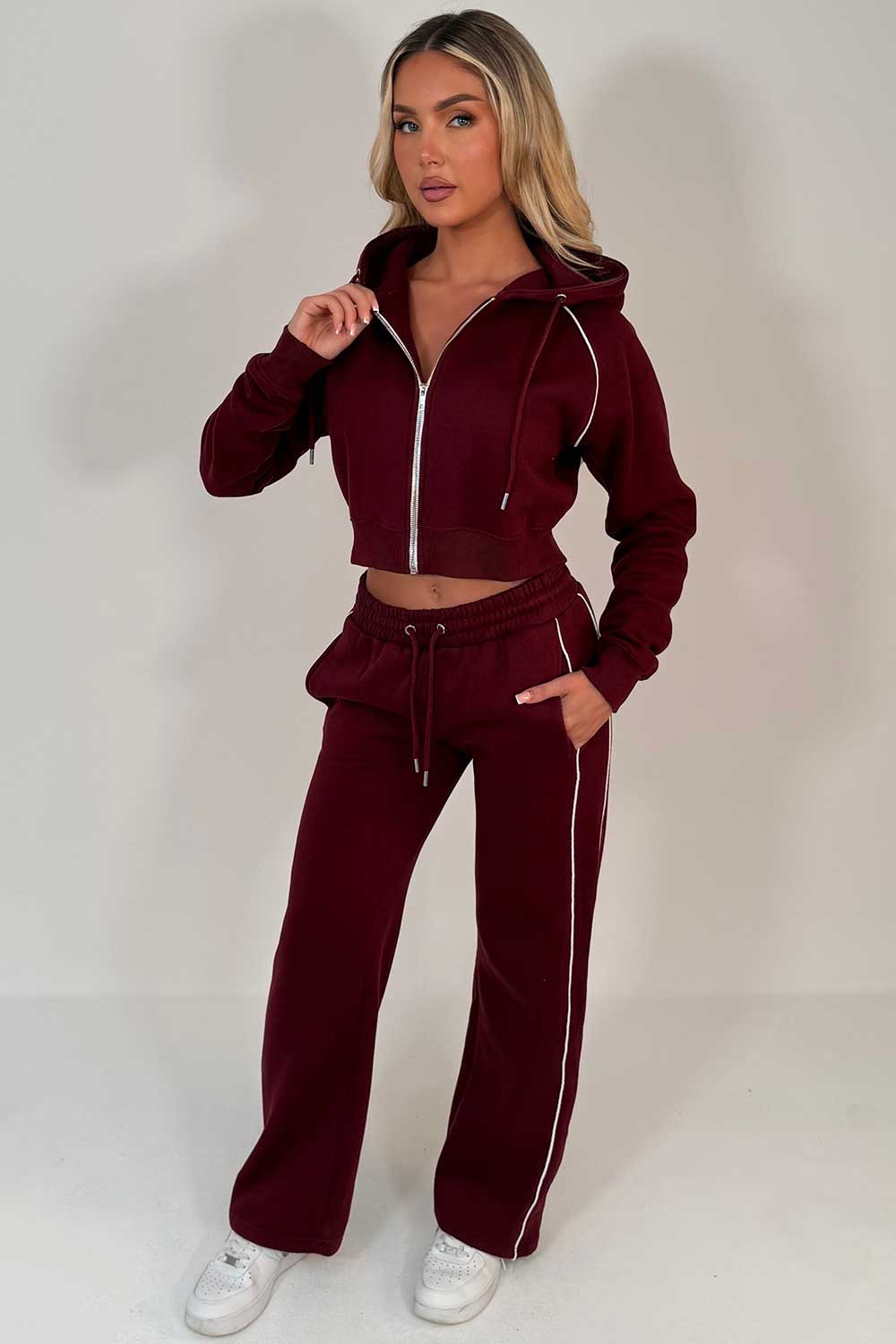 burgundy hoodie and joggers tracksuit co ord set for womens styledup