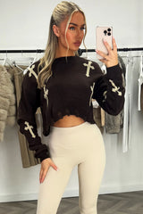 crop knitted jumper with crosses