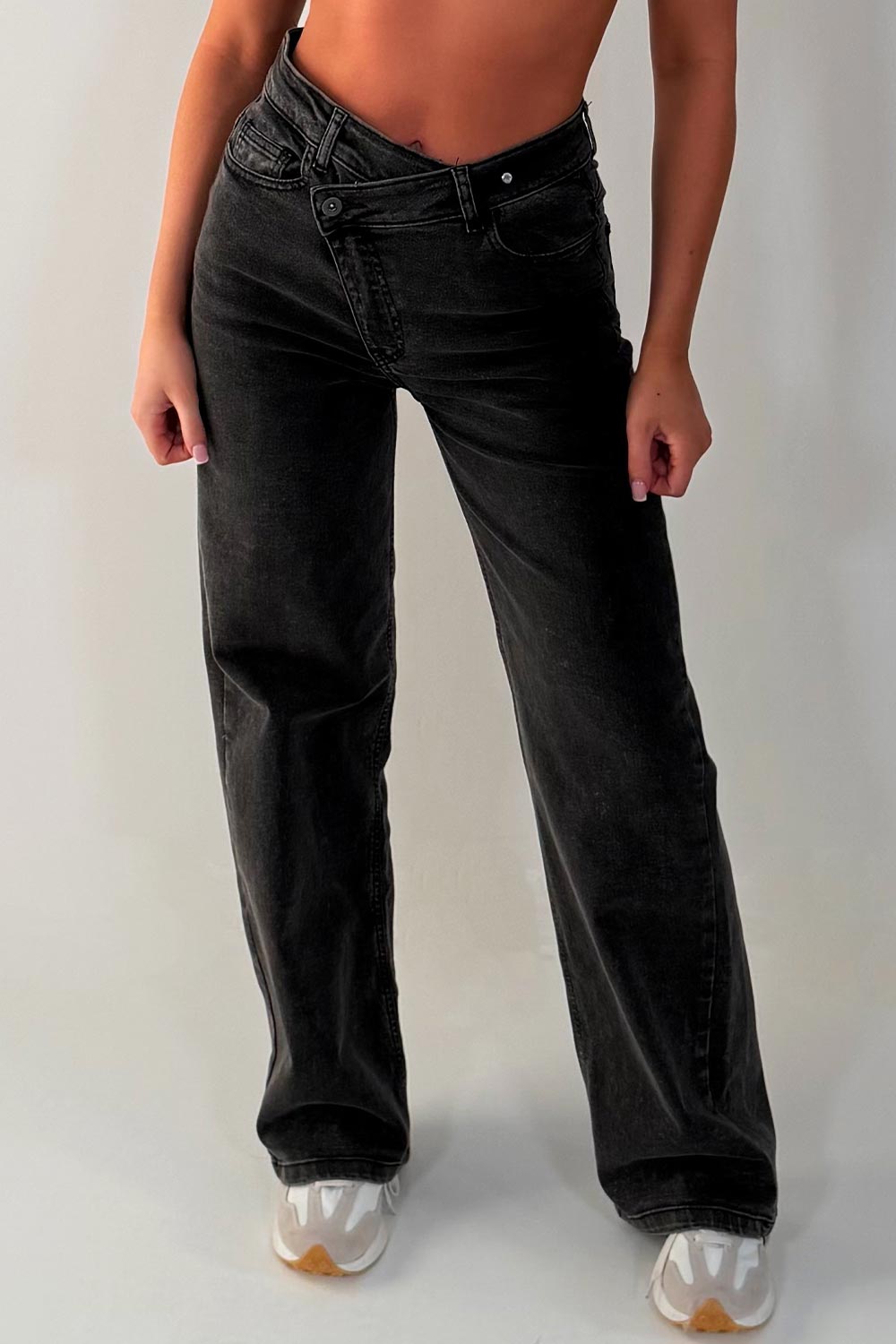 womens grey cross over waist band high waist straight leg jeans sale zara uk 