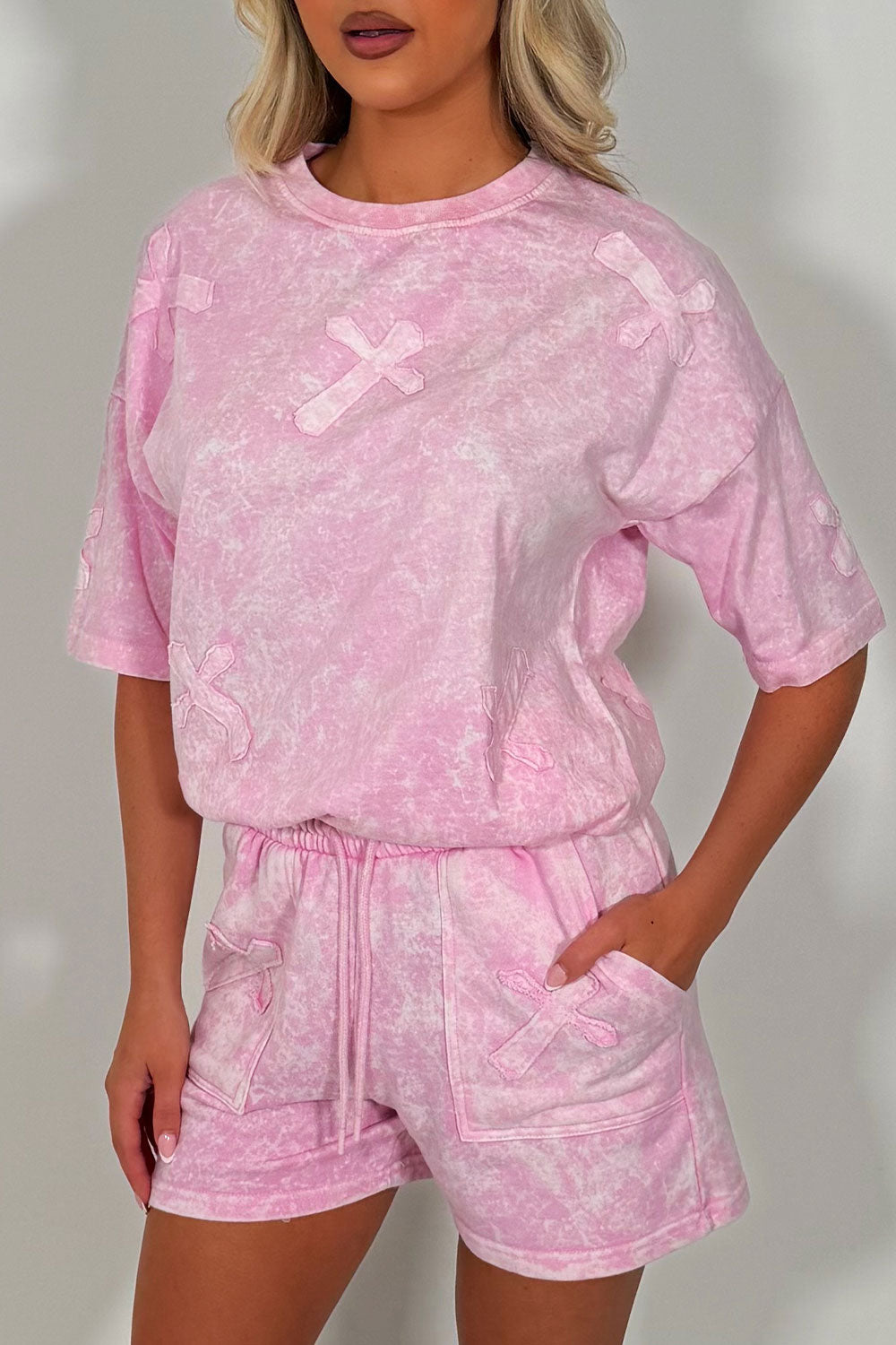 womens cross applique t shirt and shorts set summer holiday airport outfit whitefox uk
