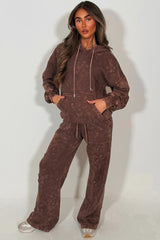 womens oversized brown hoodie and joggers tracksuit set with distressed cross detail