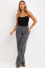 womens grey wide leg stretch denim jeans with cross applique styledup