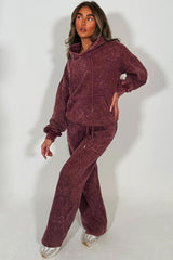womens hoodie and joggers tracksuit set with crosses burgundy