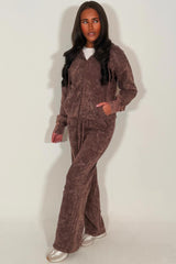 womens distressed cross zip hoodie and joggers set loungewear brown acid wash styled up tracksuit 