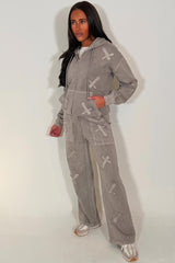 cross patch zip hoodie and joggers tracksuit set womens crucifix loungewear co ord dove grey acid wash styledup uk