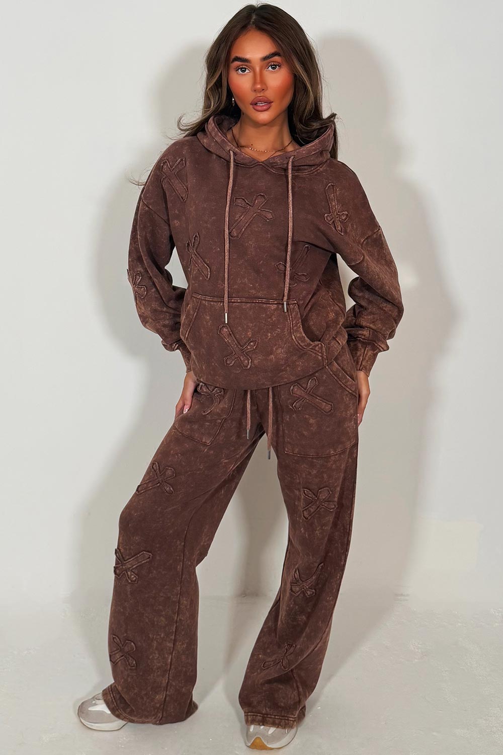 womens cross hoodie and wide leg joggers loungewear co ord set styledup