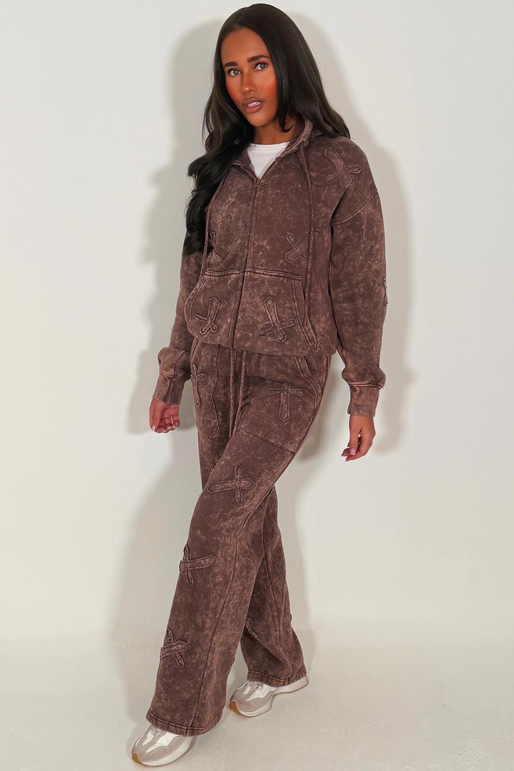 womens brown zip up hoodie and joggers tracksuit set with crosses brown