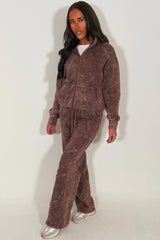 womens brown zip up hoodie and joggers tracksuit set with crosses brown