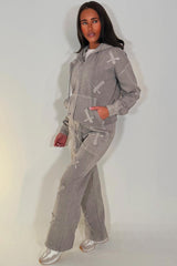 womens oversized zip hoodie sweatshirt and wide leg joggers with cross applique 