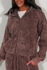 womens oversized brown zip hoodie and joggers tracksuit set with distressed cross detail loungewear everyday outfit 