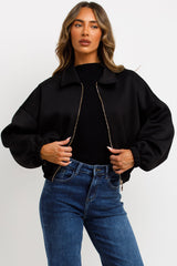 womens black puffed bomber jacket with front double welt pockets zara womens uk 