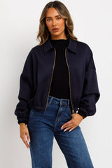 zara womens puffed bomber jacket navy styledup