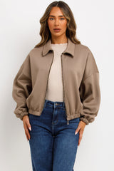 zara womens puffed bomber jacket taupe styledup