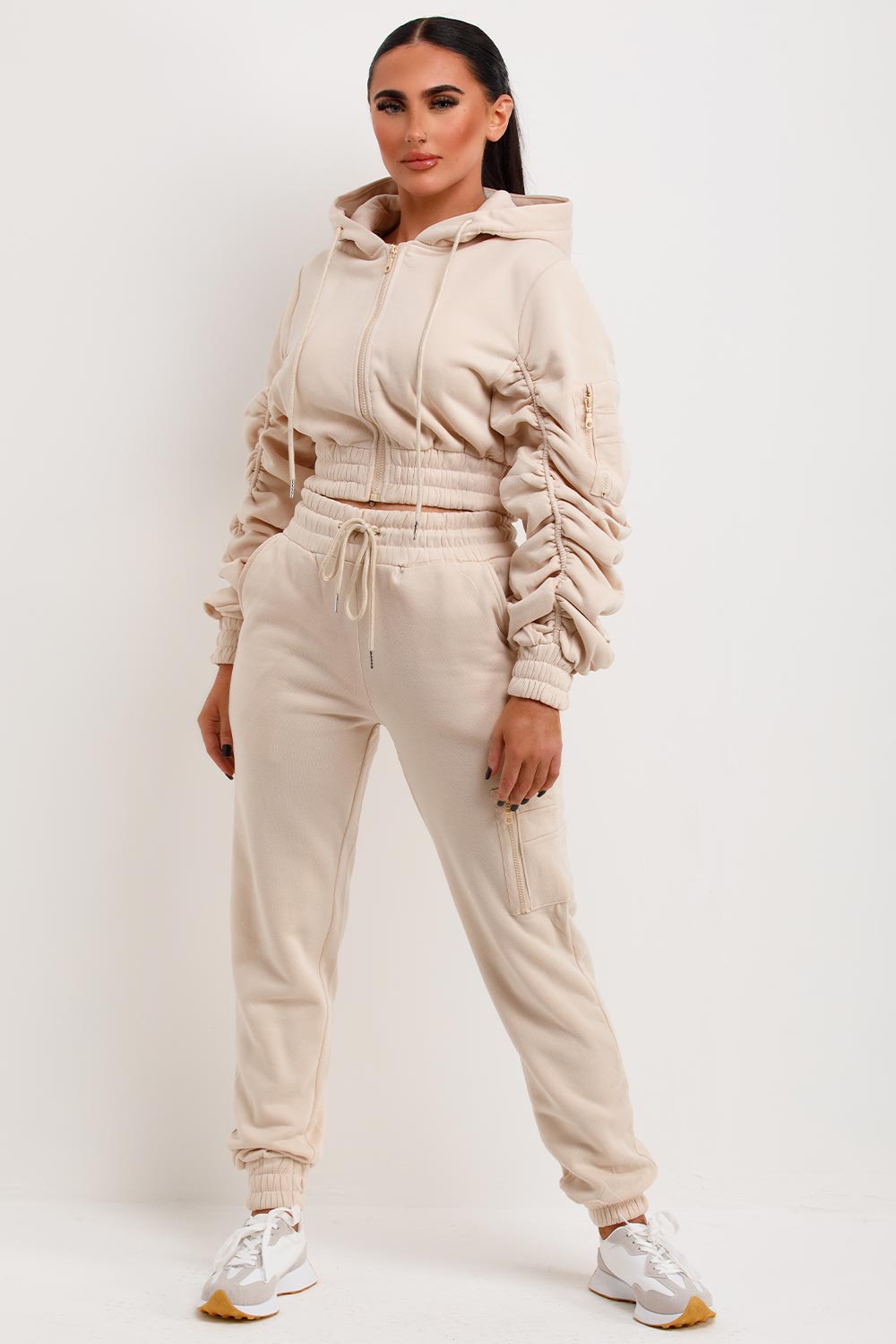 ruched sleeve hoodie and joggers loungewear co ord set