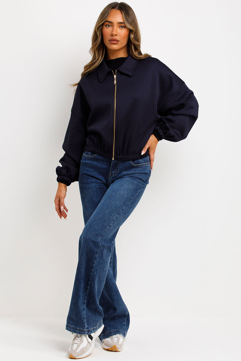 womens navy puffed bomber jacket with front double welt pockets zara womens uk 