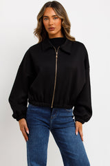 zara womens black puffed bomber jacket with lapel collars double welt front pockets sale uk styledup outerwear 