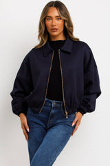 womens zara puffed bomber jacket with zip up front pockets 