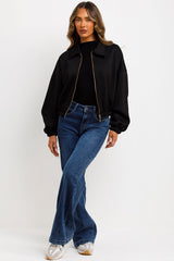 black puffed bomber jacket with double welt pockets long sleeves zara uk for womens