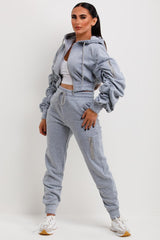 womens ruched sleeve crop hoodie and joggers loungewear co ord