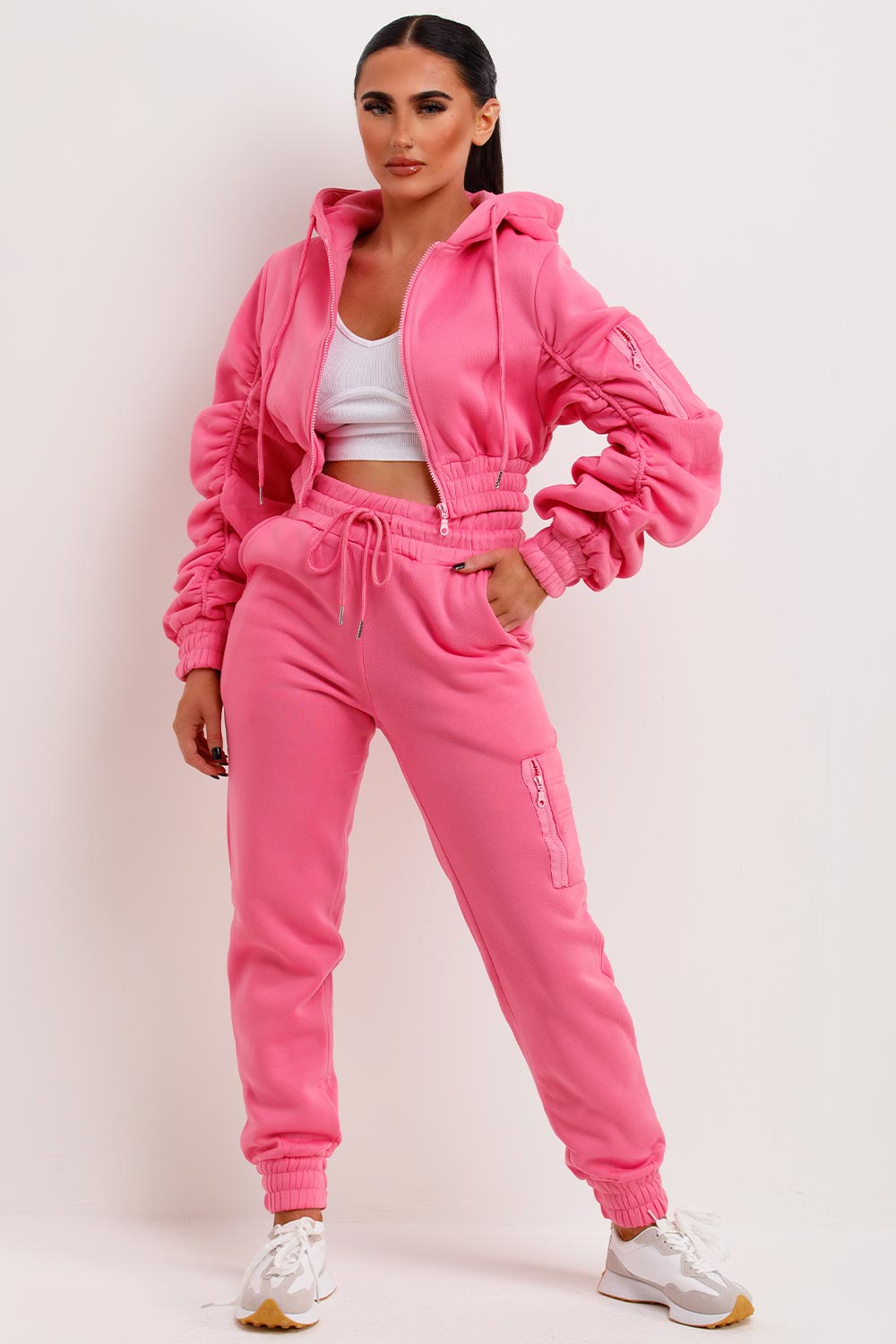 ruched sleeve crop hoodie and joggers co ord set